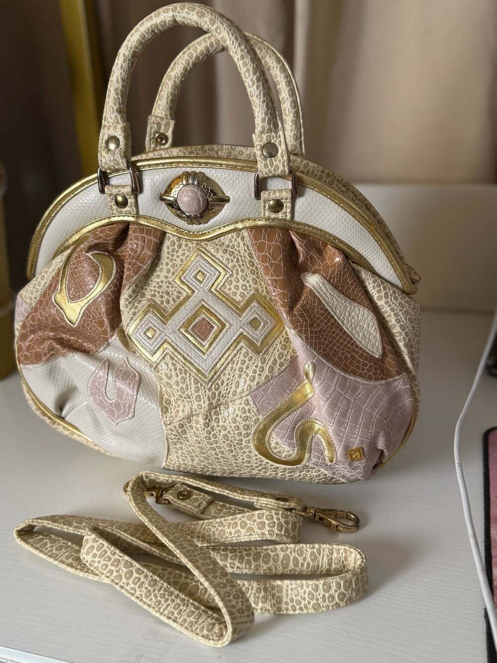 Vtg NAS "Frog Skin" Purse Faux Leather Handbag Alentino Neutral Colors